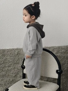 DAZY Infant/Toddler (Girl) Hooded Striped Long Sleeve Autumn/Winter Korean Style 2 Pieces Sweatshirt Set - Light Grey - View 1