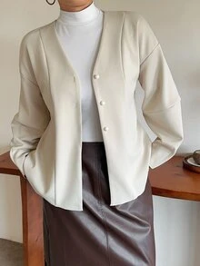 Dazy Plus Plus Size Korean Style V-Neck Loose Elegant Button Cardigan Office Spring Autumn - Beige - View 6