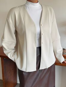 Dazy Plus Plus Size Korean Style V-Neck Loose Elegant Button Cardigan Office Spring Autumn - Beige - View 5