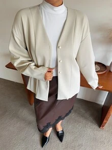 Dazy Plus Plus Size Korean Style V-Neck Loose Elegant Button Cardigan Office Spring Autumn - Beige - View 4