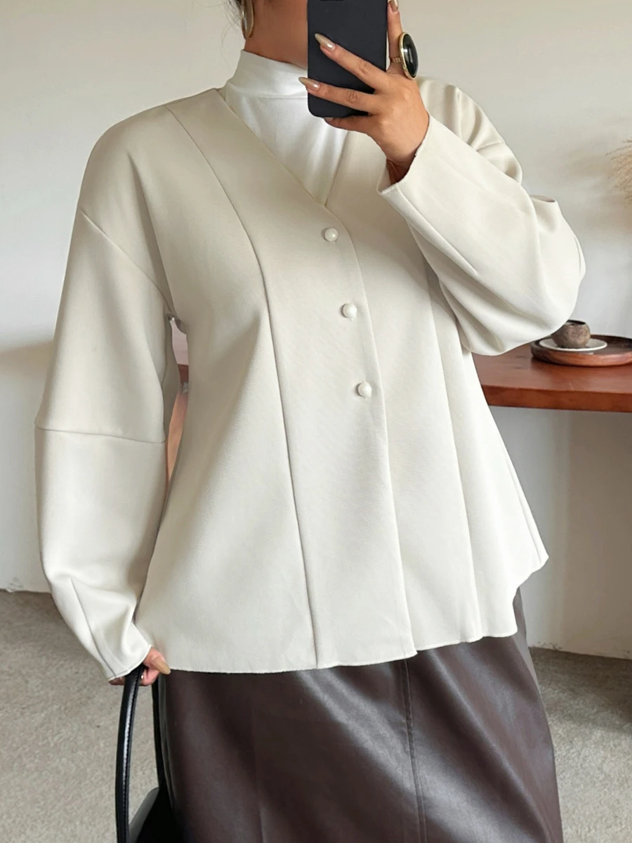 Dazy Plus Plus Size Korean Style V-Neck Loose Elegant Button Cardigan Office Spring Autumn - Beige - View 1