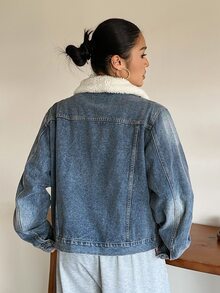 Dazy Plus Autumn/Winter New Lamb Wool Patchwork Fur Collar Denim Jacket Street Casual - Medium Wash - View 2