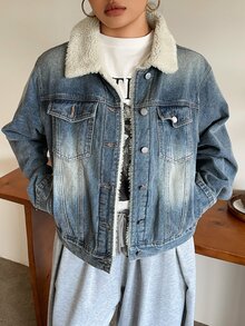 Dazy Plus Autumn/Winter New Lamb Wool Patchwork Fur Collar Denim Jacket Street Casual - Medium Wash - View 5