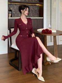 DAZY Autumn/Winter V-Neck Burgundy Gold Button Front Opening Pocket Ribbed Knit Ruffle Fish Tail Hem Elegant Vintage Commute Women's Sweater Dress - Burgundy - View 5