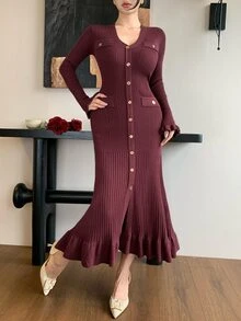 DAZY Autumn/Winter V-Neck Burgundy Gold Button Front Opening Pocket Ribbed Knit Ruffle Fish Tail Hem Elegant Vintage Commute Women's Sweater Dress - Burgundy - View 3