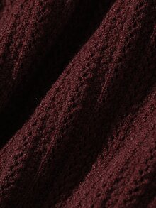 DAZY Autumn/Winter V-Neck Burgundy Gold Button Front Opening Pocket Ribbed Knit Ruffle Fish Tail Hem Elegant Vintage Commute Women's Sweater Dress - Burgundy - View 9