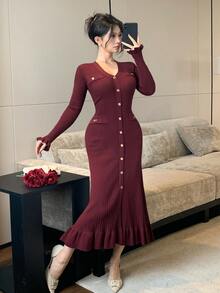 DAZY Autumn/Winter V-Neck Burgundy Gold Button Front Opening Pocket Ribbed Knit Ruffle Fish Tail Hem Elegant Vintage Commute Women's Sweater Dress - Burgundy - View 8