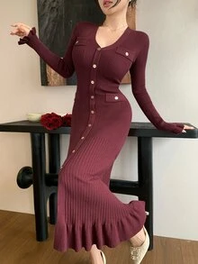 DAZY Autumn/Winter V-Neck Burgundy Gold Button Front Opening Pocket Ribbed Knit Ruffle Fish Tail Hem Elegant Vintage Commute Women's Sweater Dress - Burgundy - View 6