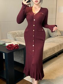 DAZY Autumn/Winter V-Neck Burgundy Gold Button Front Opening Pocket Ribbed Knit Ruffle Fish Tail Hem Elegant Vintage Commute Women's Sweater Dress - Burgundy - View 4