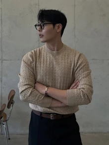 DAZY Autumn/Winter Khaki Cable Knit Fitted Crew Neck Ribbed Cuff & Hem Korean Style Men's Sweater - Khaki - View 1