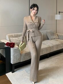 DAZY Setelan 2 Potong Wanita Musim Gugur/Dingin: Sweater Rajut Bergaris Elegan dengan Kerah Lipat, Ikat Pinggang dan Kancing, Dipadukan dengan Celana Panjang Lebar, Warna Aprikot/Camel, Cocok untuk Beraktivitas di Luar Rumah dan Kencan - Aprikot - View 6