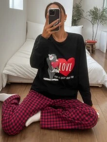 TOM AND JERRY X DAZY Women's Cartoon Pattern Long Sleeve Top And Pants Casual Daily Home Pajama Set - Black - View 4