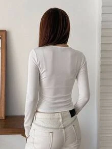 DAZY White V-Neck Lace Patchwork Zipper Half-Placket Metal Button Pocket Slim Fit Long Sleeve Casual T-Shirt Top - White - View 2