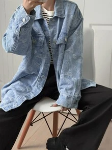 FRIFUL Women's Single-Breasted All-Over Print Casual Daily Denim Top - Blue - View 7