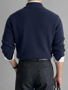 DAZY Autumn/Winter Navy Blue Half-Zip Slightly Loose Commuter Korean Style Men's Sweater - Navy Blue - View 2