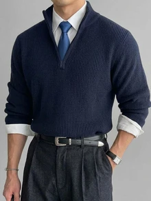 DAZY Autumn/Winter Navy Blue Half-Zip Slightly Loose Commuter Korean Style Men's Sweater - Navy Blue - View 3