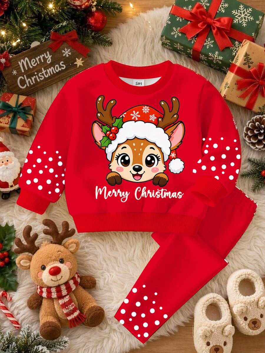 聖誕快樂，女嬰休閒可愛卡通聖誕馴鹿圖案，漸層波點，聖誕紅節慶保暖內裡加厚圓領長袖衛衣與內搭褲，適合秋冬，秋季風格，秋季穿搭，舒適 - 彩色 - 查看 1