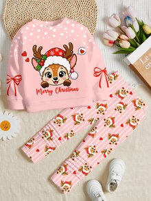 女童休閒可愛趣味卡通聖誕馴鹿圖案、雪花、條紋、奶油粉色圓領衛衣彈性腰長褲套裝，適合秋冬保暖內裡，秋季風格，秋季穿搭，秋季套裝，聖誕節 - 彩色 - 查看 3