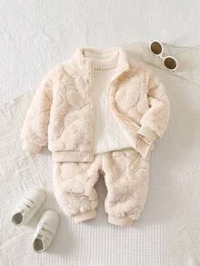 女嬰/幼女 2件組秋冬保暖內裡加厚可愛毛絨衛衣套裝，女嬰冬季衣著/套裝，萬聖節 - 杏色 - 查看 8