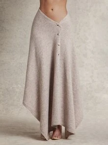 Silquee Women's Autumn/Winter Oatmeal-Colored Asymmetric Knit Skirt With Button Detail Elegant Style, Casual Occasions, Formal Occasions - Khaki - View 5