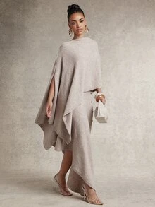 Silquee Women's Autumn/Winter Oatmeal-Colored Asymmetric Knit Skirt With Button Detail Elegant Style, Casual Occasions, Formal Occasions - Khaki - View 11