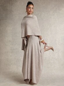 Silquee Women's Autumn/Winter Oatmeal-Colored Asymmetric Knit Skirt With Button Detail Elegant Style, Casual Occasions, Formal Occasions - Khaki - View 9