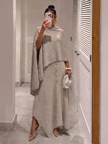 Silquee Women's Autumn/Winter Oatmeal-Colored Asymmetric Knit Skirt With Button Detail Elegant Style, Casual Occasions, Formal Occasions - Khaki - View 4