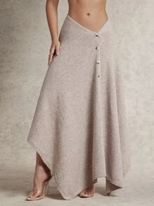 Silquee Women's Autumn/Winter Oatmeal-Colored Asymmetric Knit Skirt With Button Detail Elegant Style, Casual Occasions, Formal Occasions - Khaki - View 10
