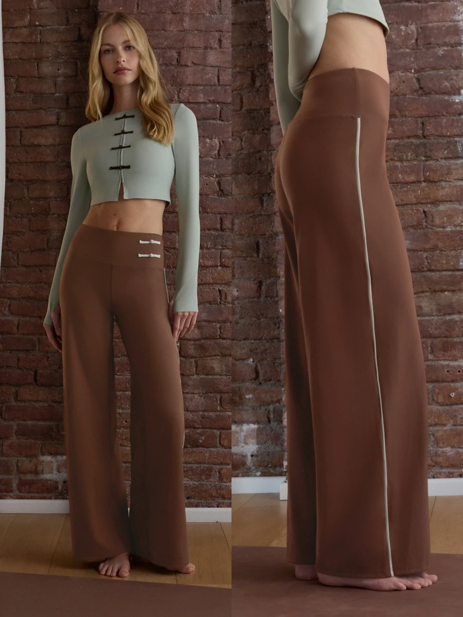 Nöista Part Of A Set, Activewear Long Pants With Straight Shape, Button In Contrast As Detail, Perfect For Weekends In Fall Winter, Activewear, Barre Yoga - Coffee Brown - View 1