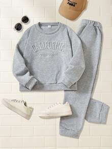 SHEIN Tween Girls 2pcs California Letter Graphic Sweatshirt And Joggers Set Casual Sporty Preppy Loungewear Fall Sweatsuit Outfit - Grey - View 1