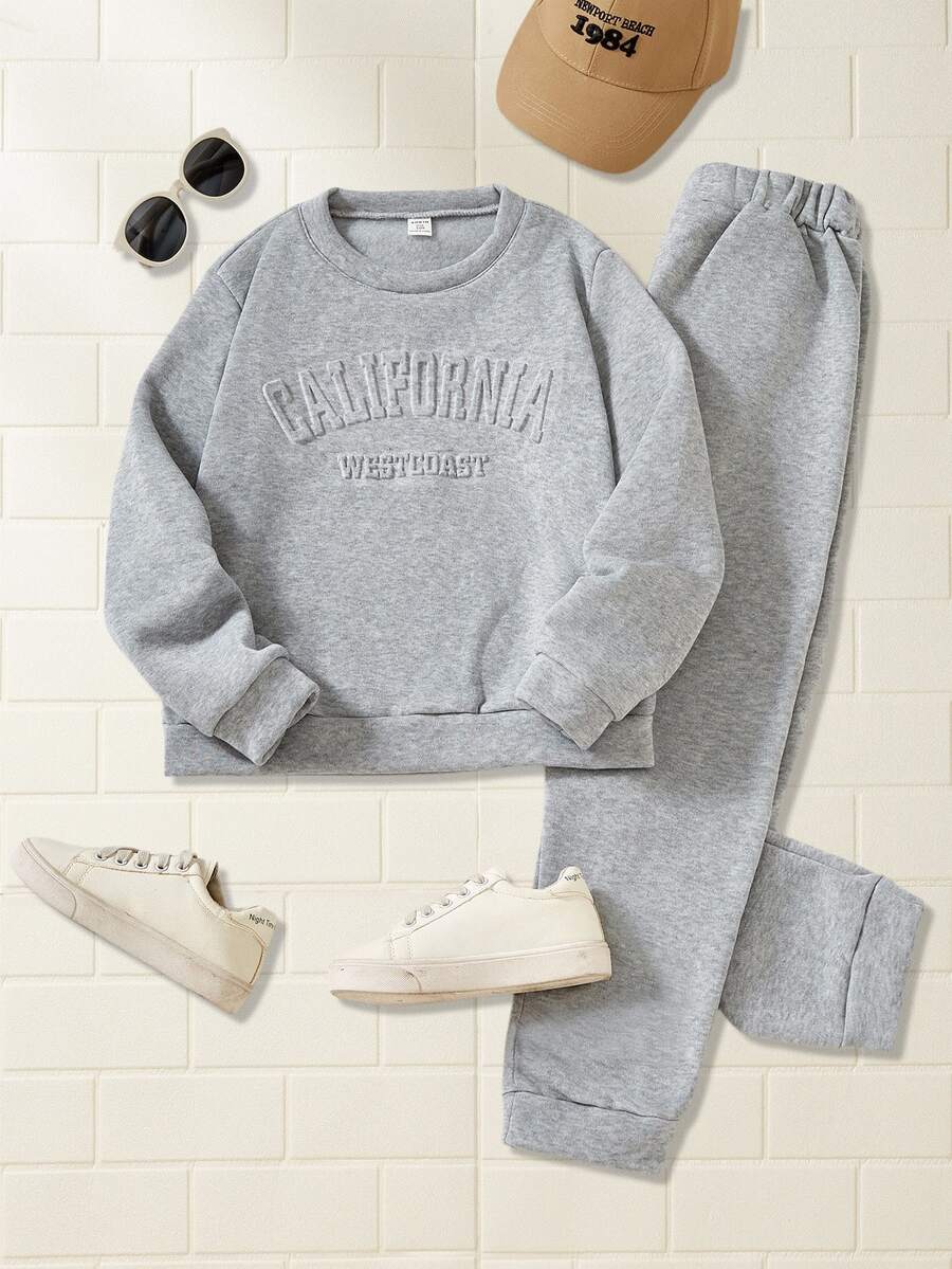 SHEIN Tween Girls 2pcs California Letter Graphic Sweatshirt And Joggers Set Casual Sporty Preppy Loungewear Fall Sweatsuit Outfit - Grey - View 1