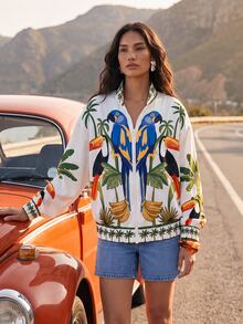 CAJUNI Women's Bird Print Casual Everyday Long Sleeve Jacket - Multicolor - View 7