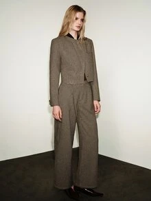 Aveloria Modichic Women's Set Boxy Jacket Wide Leg Textured Wool Asymmetric Crossover Metal Buttons Office Black Burgundy Houndstooth Dark Academia Work Outfits Fall - Coffee Brown - View 7