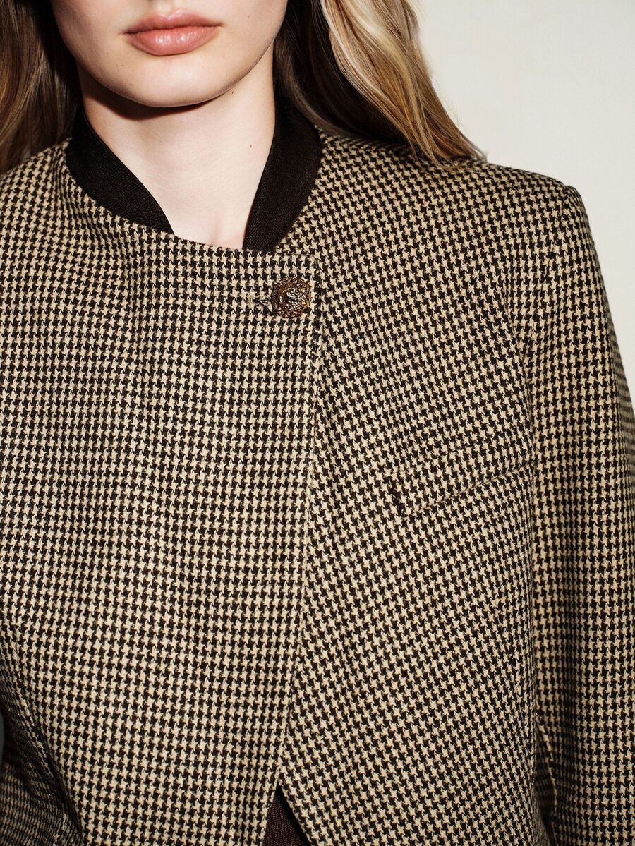 Aveloria Modichic Women's Set Boxy Jacket Wide Leg Textured Wool Asymmetric Crossover Metal Buttons Office Black Burgundy Houndstooth Dark Academia Work Outfits Fall - Coffee Brown - View 1