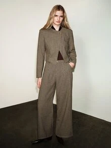 Aveloria Modichic Women's Set Boxy Jacket Wide Leg Textured Wool Asymmetric Crossover Metal Buttons Office Black Burgundy Houndstooth Dark Academia Work Outfits Fall - Coffee Brown - View 5