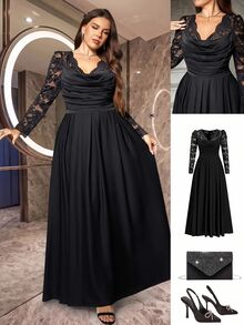 SHEIN CURVE+ Plus Size Women Lace Patchwork Pleated Casual Party Dress Fall - Black - View 10