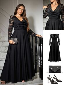 SHEIN CURVE+ Plus Size Women Lace Patchwork Pleated Casual Party Dress Fall - Black - View 9