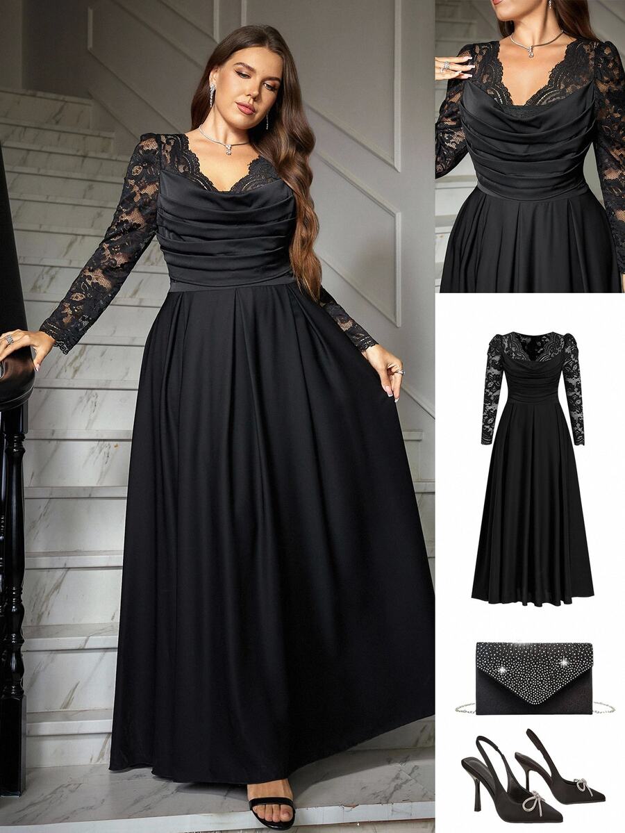 SHEIN CURVE+ Plus Size Women Lace Patchwork Pleated Casual Party Dress Fall - Black - View 1