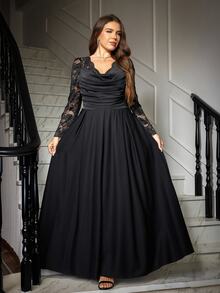 SHEIN CURVE+ Plus Size Women Lace Patchwork Pleated Casual Party Dress Fall - Black - View 5
