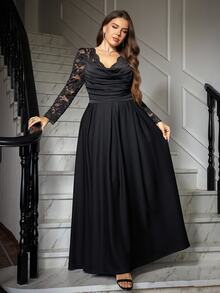 SHEIN CURVE+ Plus Size Women Lace Patchwork Pleated Casual Party Dress Fall - Black - View 8