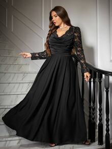 SHEIN CURVE+ Plus Size Women Lace Patchwork Pleated Casual Party Dress Fall - Black - View 6