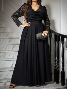 SHEIN CURVE+ Plus Size Women Lace Patchwork Pleated Casual Party Dress Fall - Black - View 4