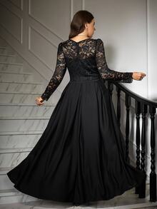 SHEIN CURVE+ Plus Size Women Lace Patchwork Pleated Casual Party Dress Fall - Black - View 7