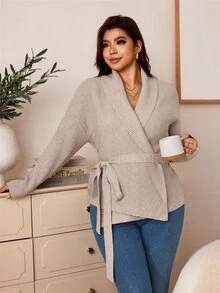 Truni Plus-Size Women's Elegant Waist-Cinching Cinched Waist Cardigan Sweater Pear Body,Triangle Body Winter - Khaki - View 2