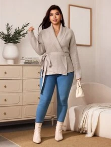 Truni Plus-Size Women's Elegant Waist-Cinching Cinched Waist Cardigan Sweater Pear Body,Triangle Body Winter - Khaki - View 7