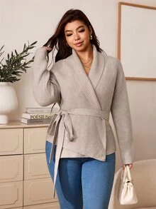 Truni Plus-Size Women's Elegant Waist-Cinching Cinched Waist Cardigan Sweater Pear Body,Triangle Body Winter - Khaki - View 6
