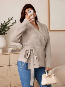 Truni Plus-Size Women's Elegant Waist-Cinching Cinched Waist Cardigan Sweater Pear Body,Triangle Body Winter - Khaki - View 5