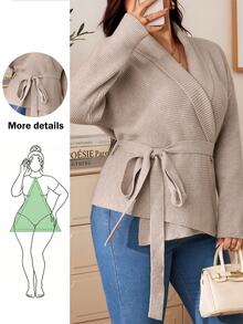 Truni Plus-Size Women's Elegant Waist-Cinching Cinched Waist Cardigan Sweater Pear Body,Triangle Body Winter - Khaki - View 1