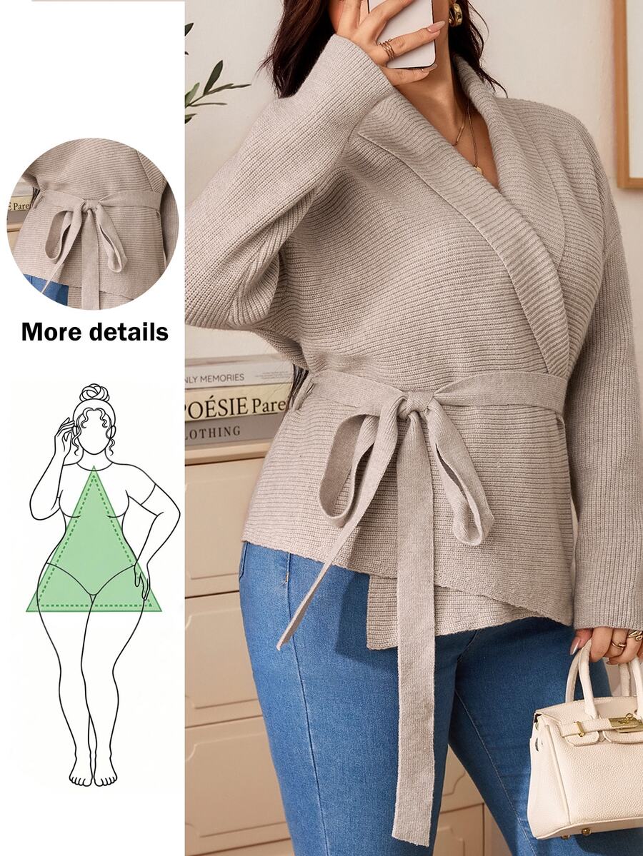 Truni Plus-Size Women's Elegant Waist-Cinching Cinched Waist Cardigan Sweater Pear Body,Triangle Body Winter - Khaki - View 1