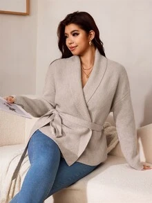 Truni Plus-Size Women's Elegant Waist-Cinching Cinched Waist Cardigan Sweater Pear Body,Triangle Body Winter - Khaki - View 4